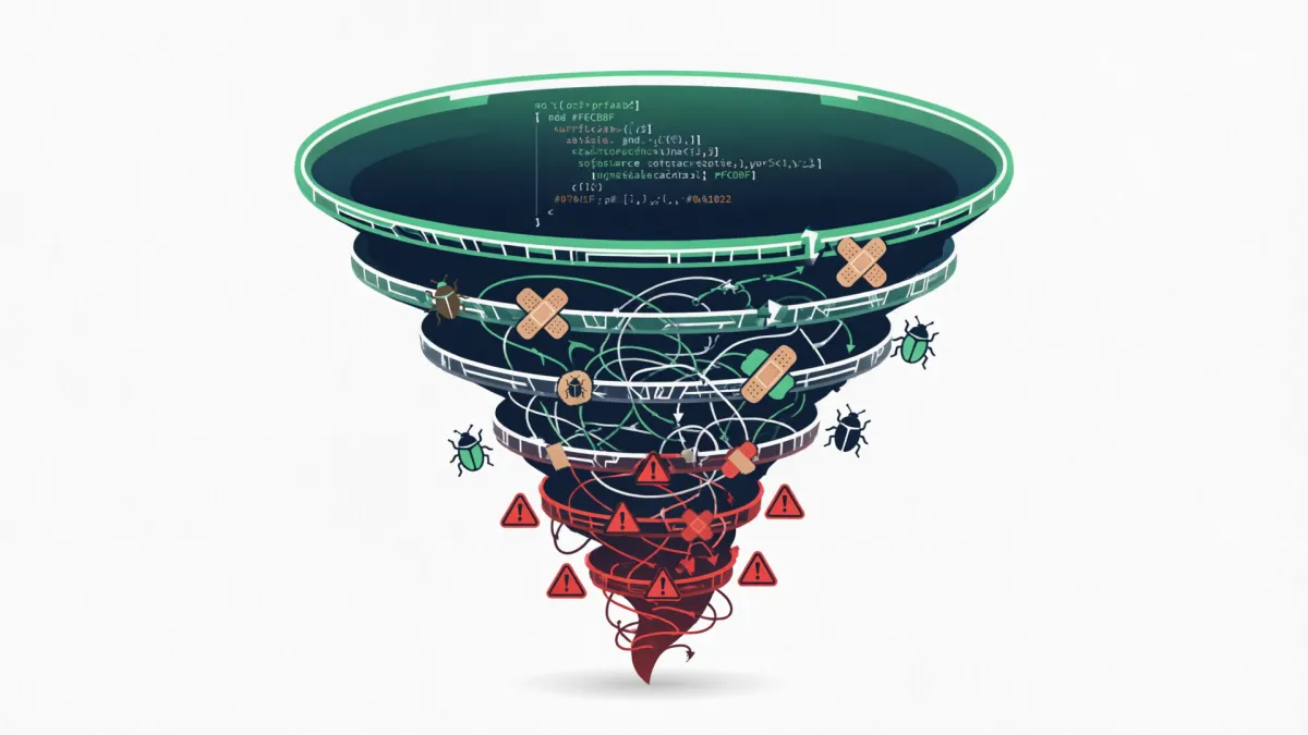 The Vibe Coding patch spiral: each bug fix introduces new complexity and new edge cases, creating a tangled mess of reactive patches
